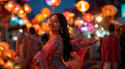 A joyful woman in a colorful dress surrounded by glowing lanterns at night, celebrating the festive vibe of the event.