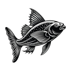 halibut fish design, labeled linocut vector silhouette illustration.