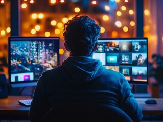 Man use laptop computer to watching and live streaming window for Video streaming on internet