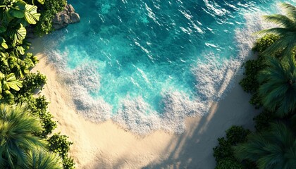 Aerial View of a 3D Tropical Beach with Crystal Clear Water White Sand
