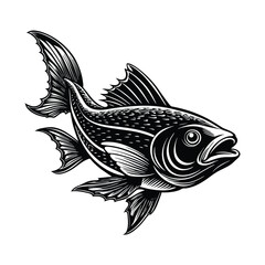 halibut fish design, labeled linocut vector silhouette illustration.