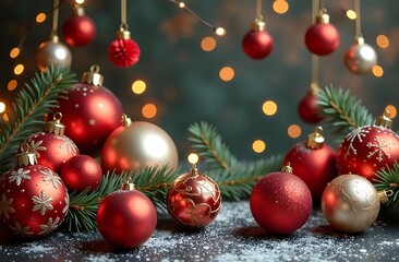 Obraz premium A colorful display of Christmas ornaments hanging among lush pine branches, perfect for festive holiday themes