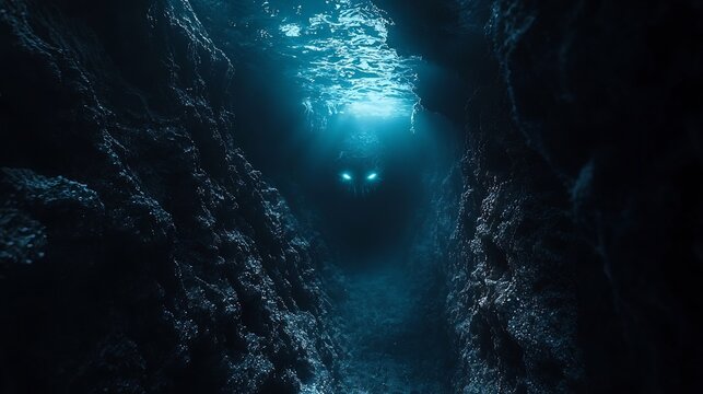 Mysterious Glowing Eyes Peer from the Depths of a Dark Ocean Trench