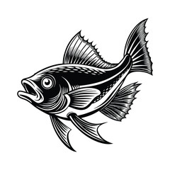 halibut fish design, labeled linocut vector silhouette illustration.