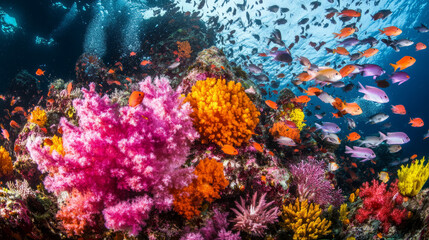 Obraz premium Underwater landscapes teeming with marine life, showcasing vibrant coral reefs and schools of fish