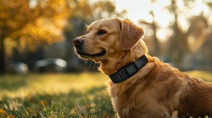 Wearable tech for pets, such as a small GPS tracker and fitness monitor attached to a dog's collar in a park