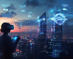 Futuristic City Skyline with Holographic Messages and Augmented Reality Communication Technology