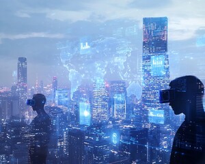 Futuristic Skyline with Holographic Global Communication Technology Concept