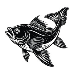 Fototapeta premium halibut fish design, labeled linocut vector silhouette illustration.