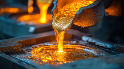 Molten metal pouring into mold, creating vibrant orange glow. industrial setting showcases process of metal casting, highlighting craftsmanship involved
