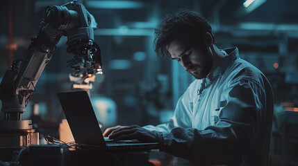 Industrial engineer in a dimly lit environment, focused on programming a robotic arm using a laptop, showcasing advanced technology in manufacturing