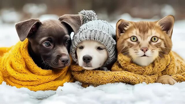 Adorable pets bundled up in cozy hats and scarves, enjoying a winter day.