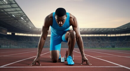 Determined athlete in blue gear ready for sprint on stadium track at dusk