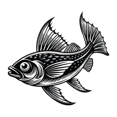 halibut fish design, labeled linocut vector silhouette illustration.