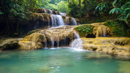 A hidden waterfall cascading down mossy rocks in the middle of a quiet forest