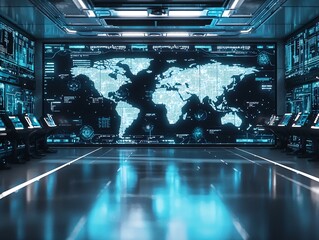 Futuristic Holographic World Map Projection in High Tech Command Center