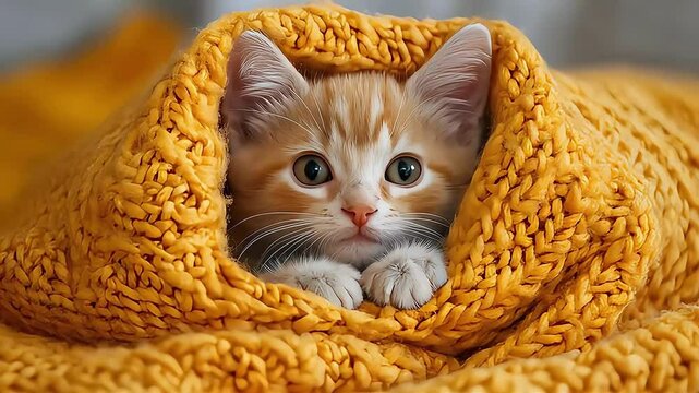 Adorable orange tabby kitten peeking from a cozy yellow blanket.