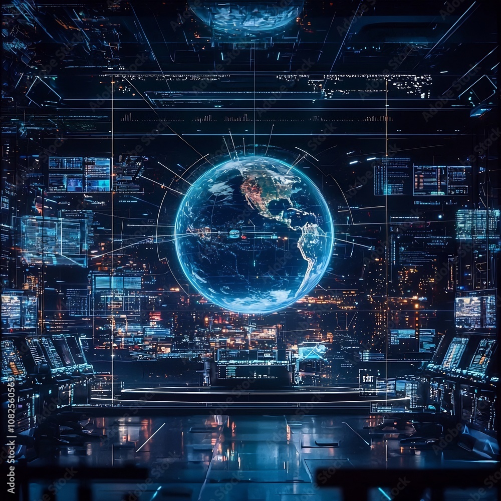 Wall mural futuristic holographic control room monitoring global communication networks and data visualization