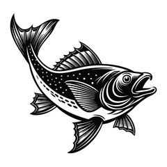 Fototapeta premium halibut fish design, labeled linocut vector silhouette illustration.
