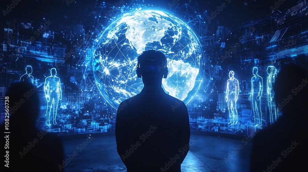 Wall mural futuristic virtual reality conference with holographic globe visualizing global communication techno