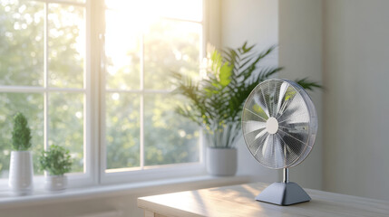 A sleek minimalist fan placed on a modern wooden table in a clean, bright room with neutral-toned walls and natural light streaming in from the windows