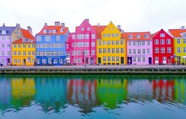 Naklejka premium A picturesque row of vibrant, multicolored buildings reflecting on tranquil waters, creating a captivating scene of beauty and charm in a lively urban setting.