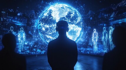 Futuristic Virtual Reality Conference with Holographic Globe Visualizing Global Communication Technology