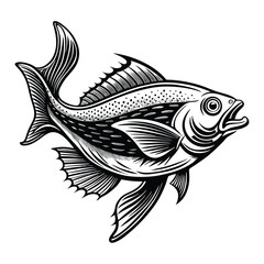 halibut fish design, labeled linocut vector silhouette illustration.