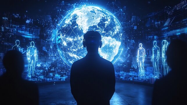 Futuristic Virtual Reality Conference with Holographic Globe Visualizing Global Communication Technology