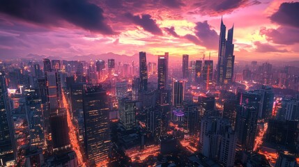 Obraz premium Vibrant Asian City Skylines Illuminated at Dusk with Tall Skyscrapers and Neon Lights
