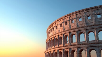 showcases the Colosseum in Rome, featuring its iconic arches against a colorful sunset sky, highlighting ancient architecture and history.