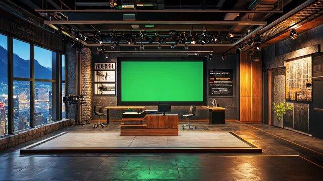Virtual News Set: High-Tech 3D Studio with Green Screen and Large Display
