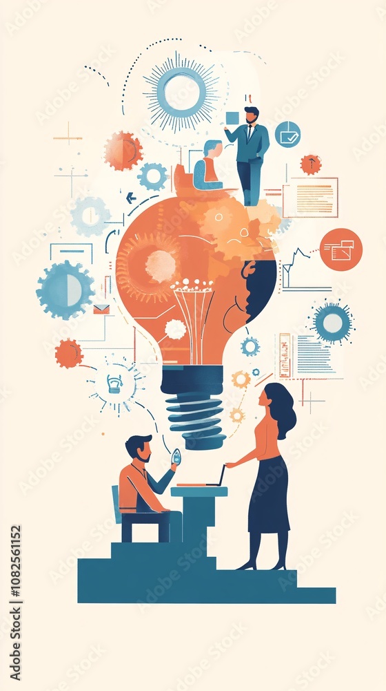 Poster businesspeople developing innovative idea for project using laptop and light bulb symbol