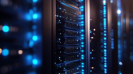 Naklejka premium Close-up View of Server Machines in a Data Center with Blue LED Lights