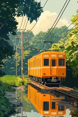 Colorful Train Passing Through Reflective Rice Paddies