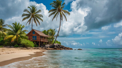 Obraz premium Calm ocean waves on isolated tropical island in front of a small wooden house surrounded by palms, vibrant cloudy sky in the background