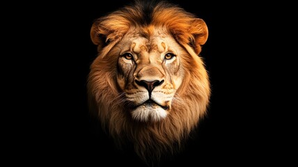 Fototapeta premium A majestic lion's face is depicted against a black background, its fierce expression and luxurious mane.