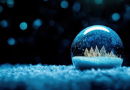 A beautiful snow globe captures a winter wonderland with sparkling trees, surrounded by soft blue hues and delicate snowflakes, creating a serene and magical atmosphere.