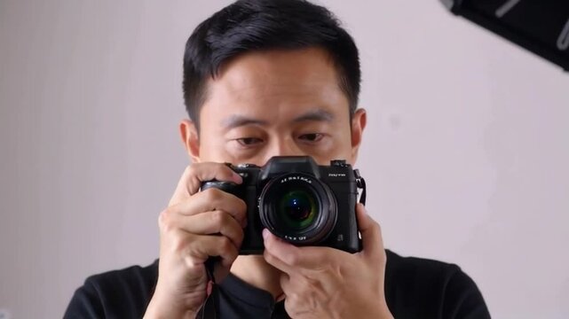 A man is holding a camera and looking at the lens. The camera is black and has a Nikon brand logo