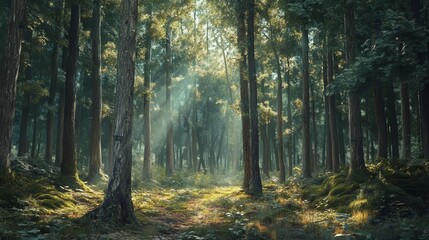 Fototapeta premium Illustration of a Forest Emphasizing Light Filtering Through Tall Trees in a Tranquil Setting