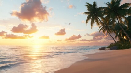A serene beach scene at sunset, featuring palm trees, glowing sky, and tranquil waves gently lapping at the shore.