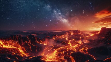 Erupting volcano with flowing lava under a starry fantasy sky