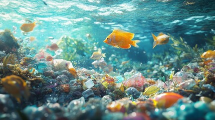 Obraz premium Reducing Ocean Pollution from Plastic Waste as Fish Swim Through Clean Water