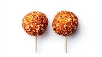 Delicious caramel popcorn balls on sticks, isolated on a white background.