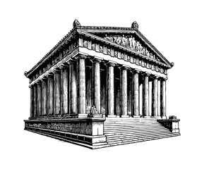 Greek or Roman temple engraving black and white outline