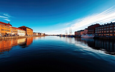 Obraz premium A stunning view of Copenhagen's waterfront at sunset, showcasing vibrant buildings mirrored in calm waters, creating a picturesque and tranquil atmosphere perfect for exploration and relaxation.