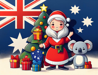 A festive Christmas scene in Australia. Santa Claus, with a kangaroo, koala and australian animals companion, decorates a Christmas tree under the Australian flag. Gifts are piled nearby