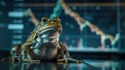 Frog gazing at Dogecoin graph on screen in a moody setting