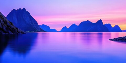 This breathtaking landscape captures the tranquil beauty of purple-hued mountains reflecting on calm waters, lit by a soft twilight glow?an emblem of nature?s serene majesty.