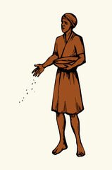 Vector drawing. A man sowing wheat